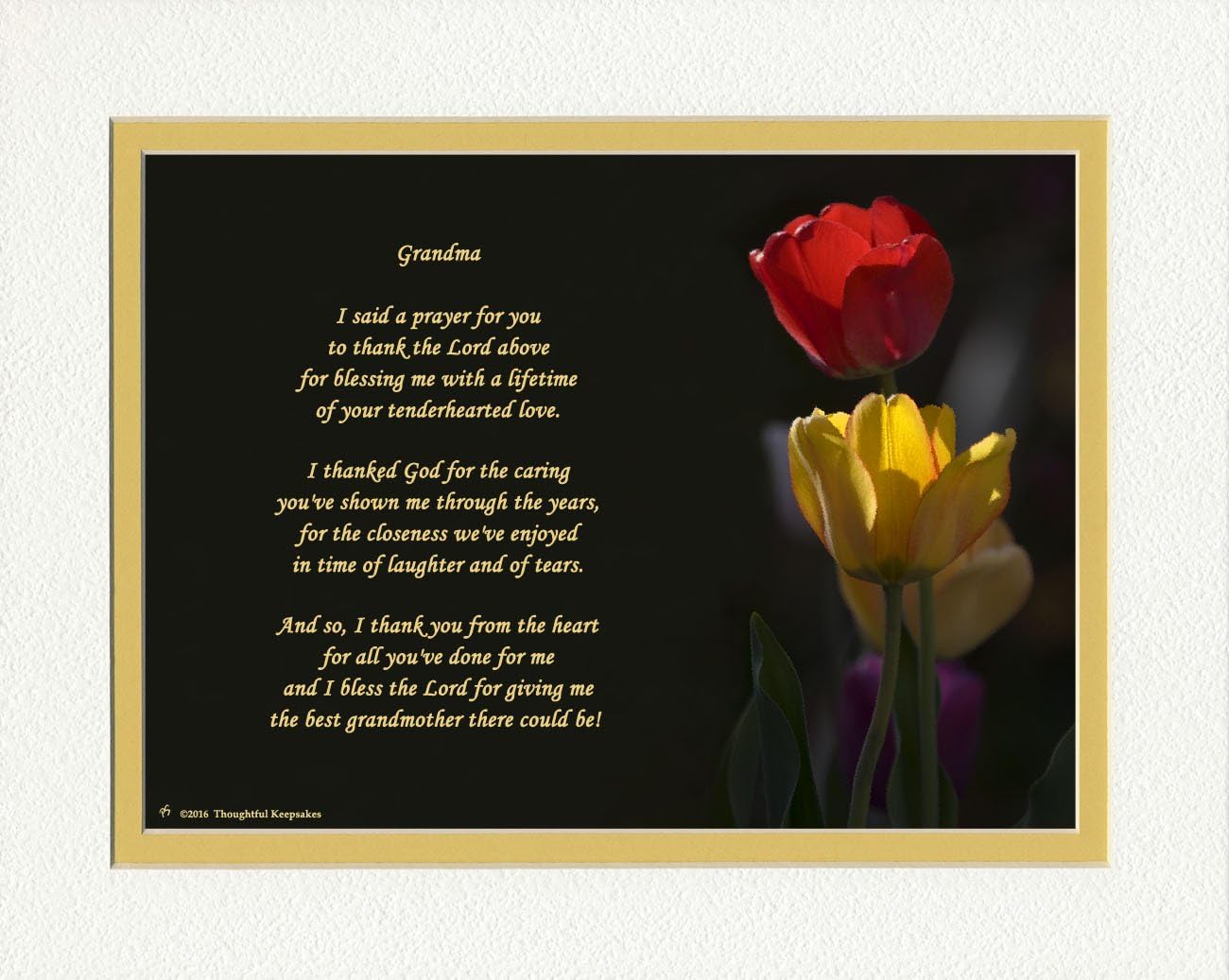 Grandma Gift with Thank You Prayer for Best Grandmother Poem. Red & Yellow Tulips Photo, 8x10 Double Matted. Special Grandmother Gift for Christmas, Birthday Gift for Nana