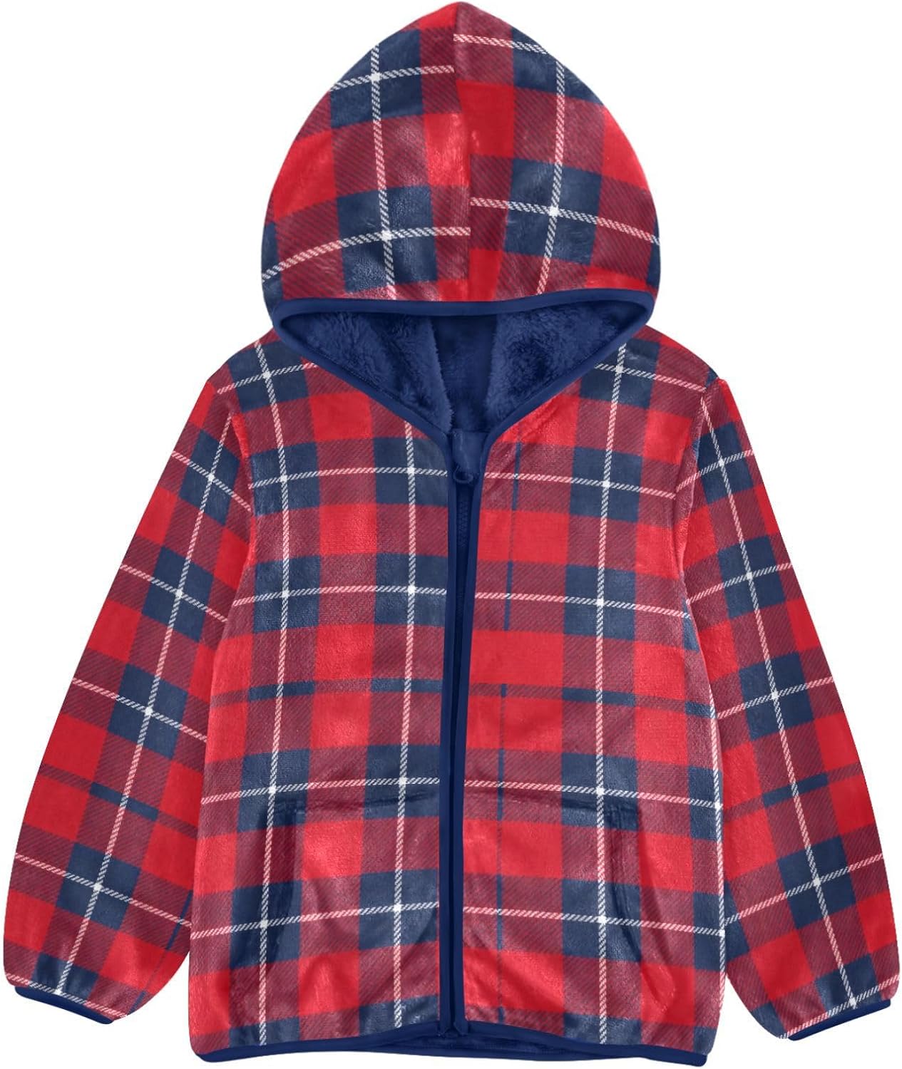 Red and Navy Plaid Fabric Pattern Fleece Zip Up Jacket Children Winter Coat Navy Blue Cute Baby Boys Clothes