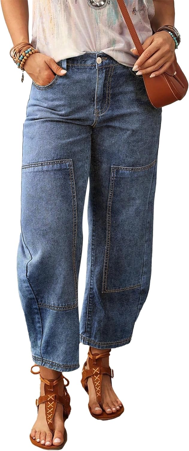 SHEWIN Women’s Washed High Rise Barrel Jeans Elastic Waist Cropped Tapered Balloon Denim Ankle Pants