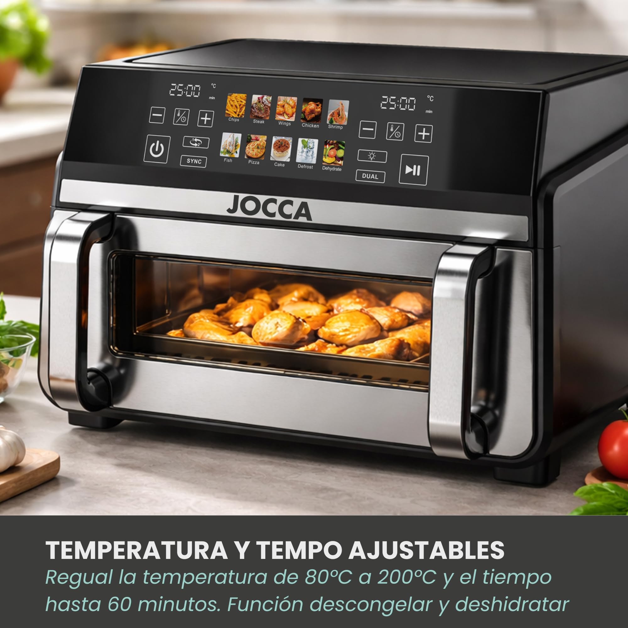 JOCCA - Freidora de Aire 10 Litros con Sistema Dual, Doble Resistencia, 2200W, 8 Programas, Función Sync, Temperatura de 80º a 200º, Temporizador, Ventana, Pantalla Táctil
