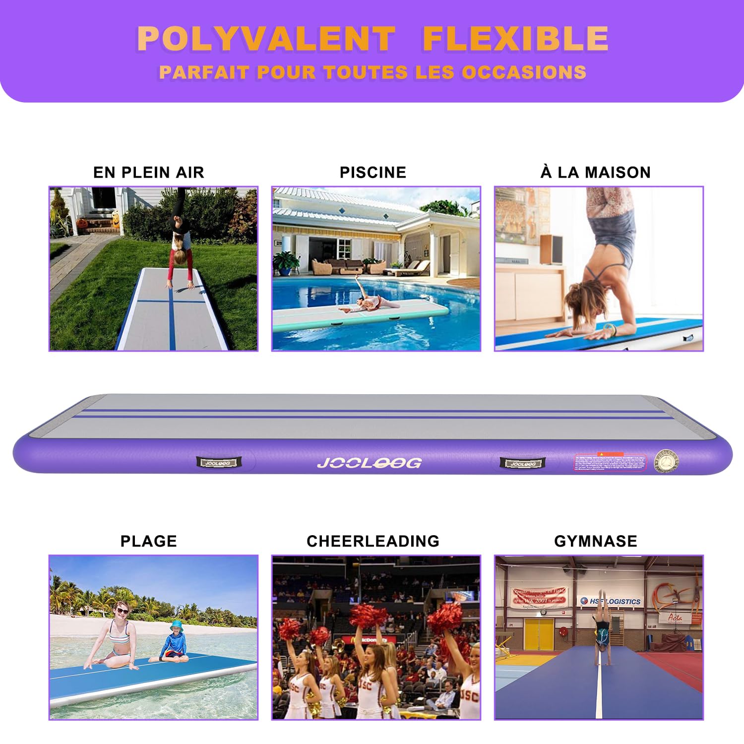 Tapis de gymnastique gonflable JOOLOOG, 3/4/5/6 m/7 m/8 m, en fibre de carbone, 10/20 cm d'épaisseur, pour gymnastique, yoga, taekwondo, avec pompe, purple