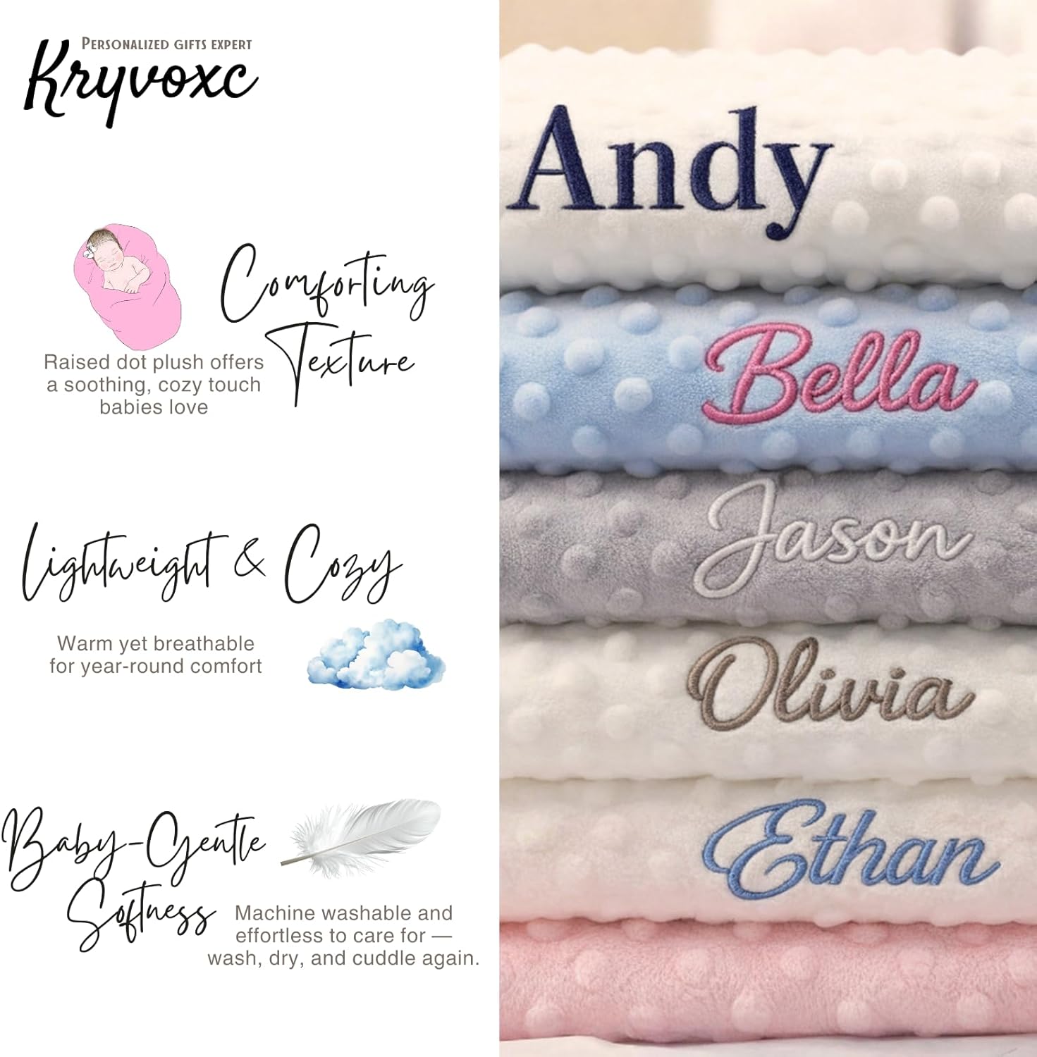Personalized Baby Blanket for Boy, Custom Baby Blanket Toy Set with Name, USA Designed, Super Cozy Minky Dot Infant Swaddle Crib, Custom Gifts for Baby Shower, Birthday