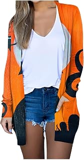 Tsamuo Halloween Plus Size Cardigan for Women Long Sleeve Pumpkins Printed Open Front Lightweight with Pockets