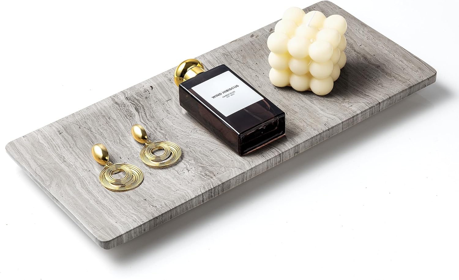 WORHE Natural Marble Tray 14"x6" - Handmade Bathroom Vanity Trays Kitchen Countertop Organizer, Decorative Stone Catchall Tray for Jewelry, Perfume, Cosmetics, Home Decor Grey (WH069)