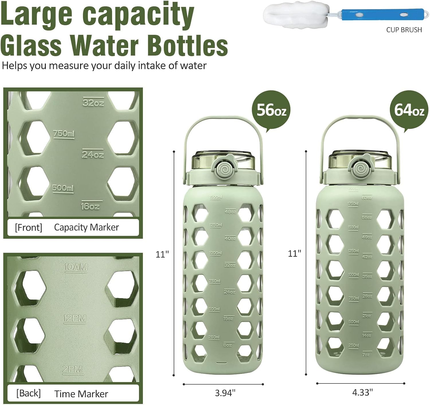 MUKOKO 32oz Glass Water Bottles with 2 Lids & Half Gallon Glass Water Bottles with Straw and Lid Bundle
