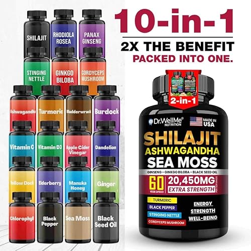 Miniatura 5 de Dr.WellMe Shilajit Ashwagandha Musgo marino con ginseng, ginkgo biloba y aceite de semillas negras  60 cápsulas vegetales, extra fuerte 20,450 mg