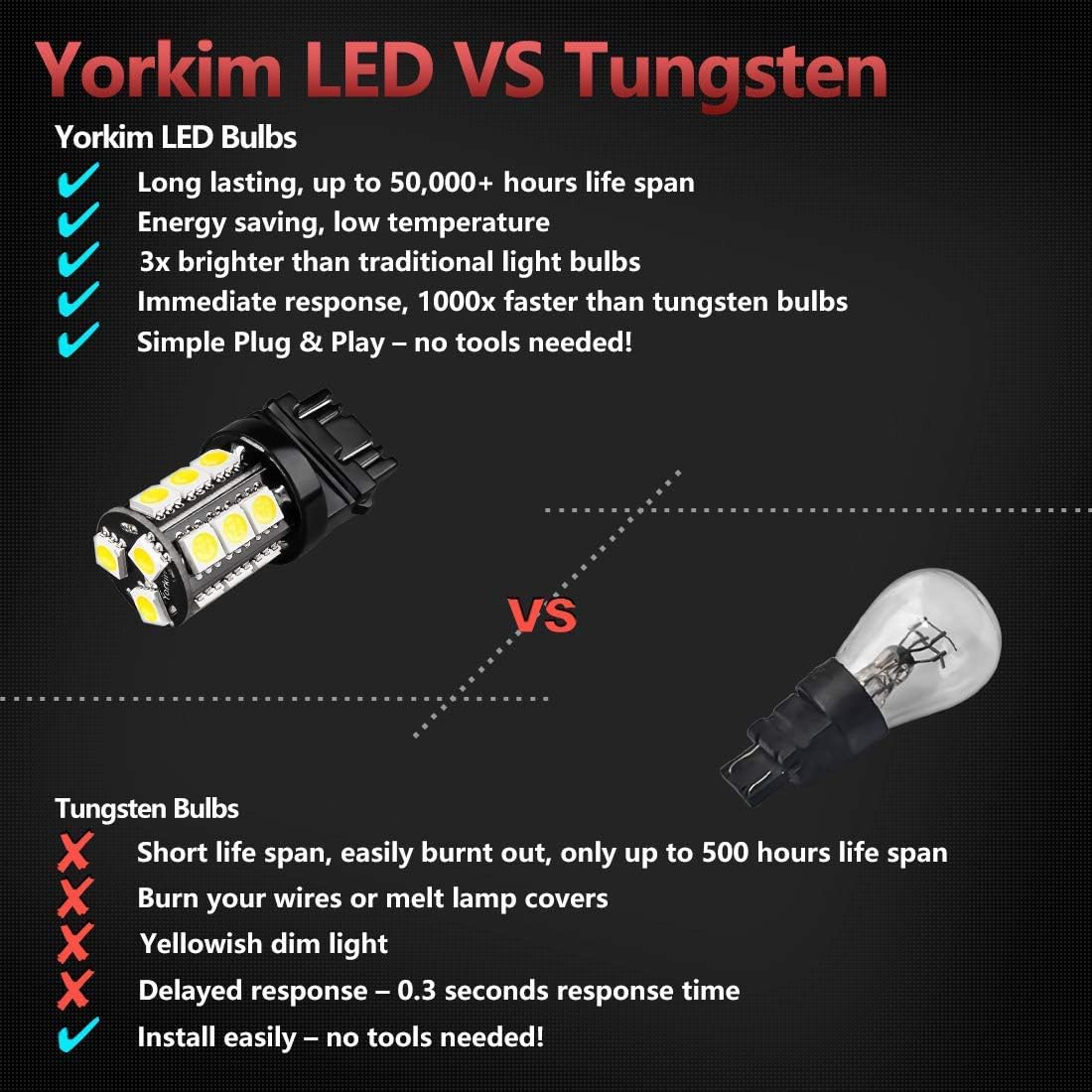 Yorkim 3157 LED Light Bulbs White Super Bright,3056 3156 3156A 3057 4057 3157 4157 T25 LED Bulbs for Brake Lights, Backup Reverse Lights,Reverse Tail Lights - Pack of 10