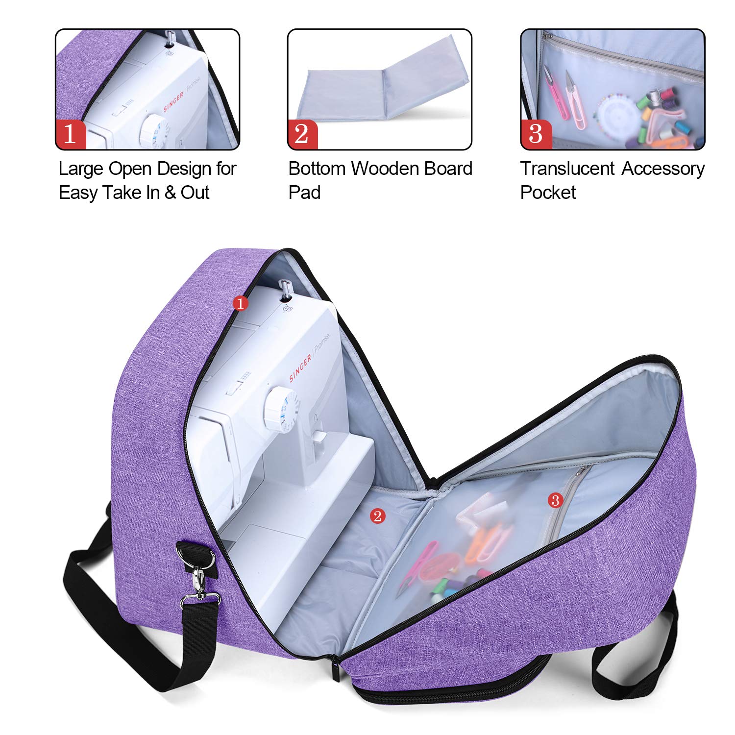 Yarwo Borsa per Macchina da Cucire, Borse da Trasporto per Macchina da Cucire, con Tavola di Legno Inferiore Staccabile e Tasche, Viola