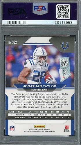 Miniatura 2 de Jonathan Taylor 2020 Panini Prizm Signed Rookie Card #332 Auto Graded PSA 9
