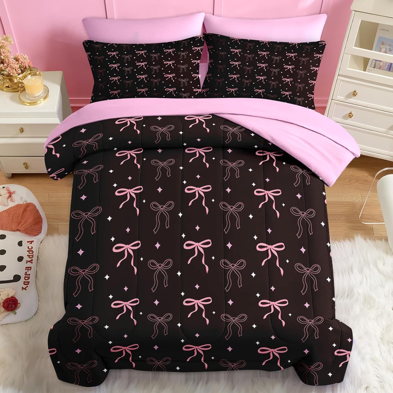 Nesker Bow Comforter Set Twin Size, 5 Pieces Bed in a Bag, Pink Black Bow Bedding Set for Girls, Cute Bowknot Comforter Set with 1 Pillowcase & 1 Sham