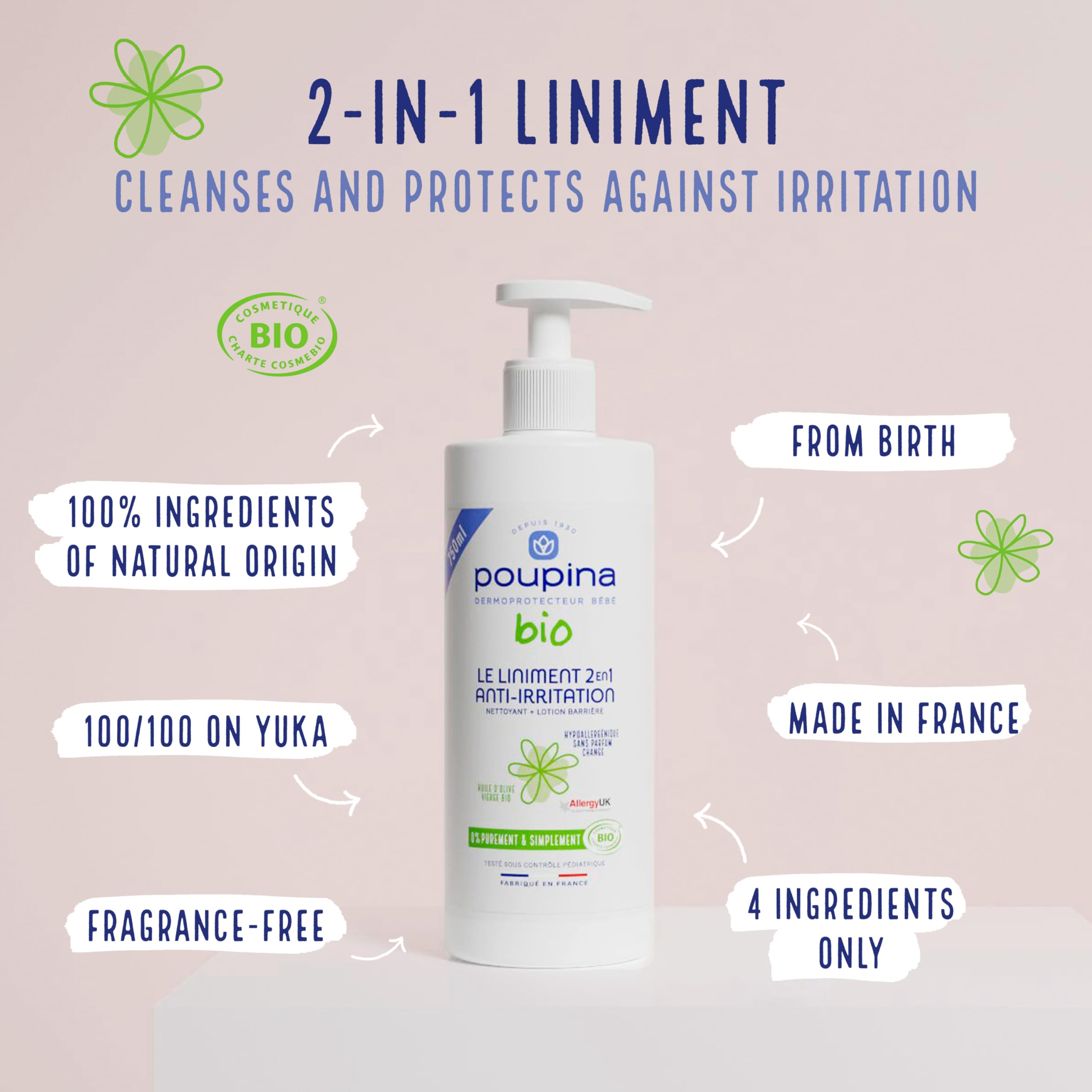 POUPINA - Orgánico certificado 2 en 1 Baby Liniment - Receta de aceite y cal - Limpiador + loción de barrera - Ingredientes 100% naturales - Vegano - Fabricado en Francia - 750 ml
