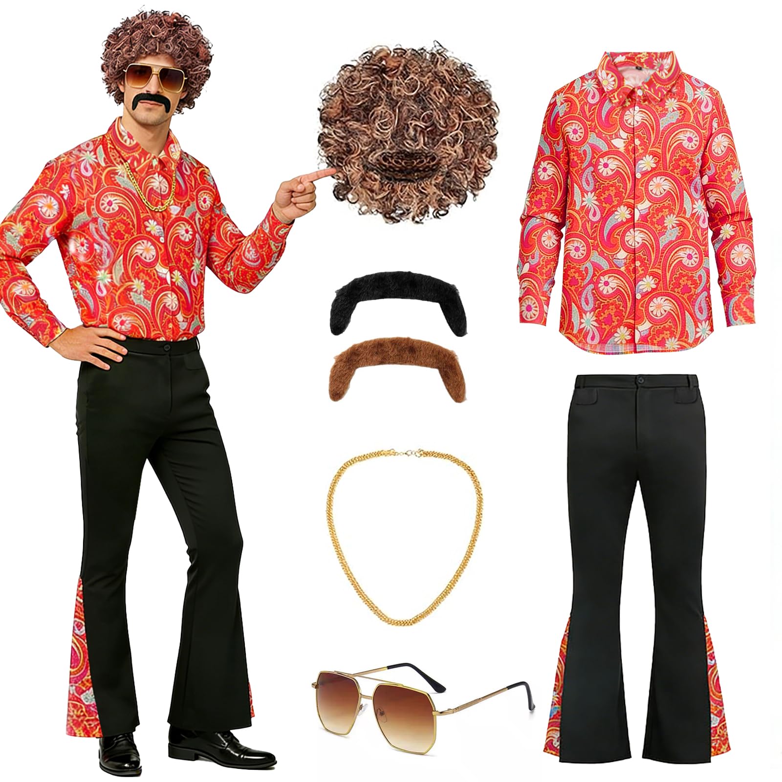 Disfraz Años 70 Hombre, Disfraz de Discoteca para Hombre Años 70 con Camisa, Pantalones, Peluca, Gafas, Barba y Cadena de Oro, Disfraces Originales Carnaval
