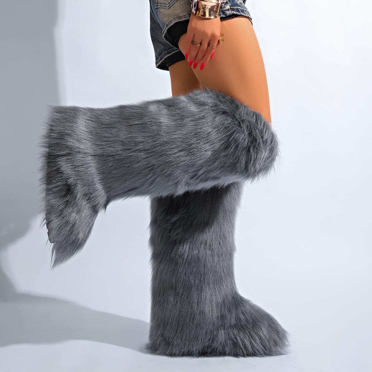 Women’s Faux Fur Knee High Winter Boots Warm Fuzzy Fluffy Wide Calf Snow Boots Soft Comfortable Tall Fashion Shoes