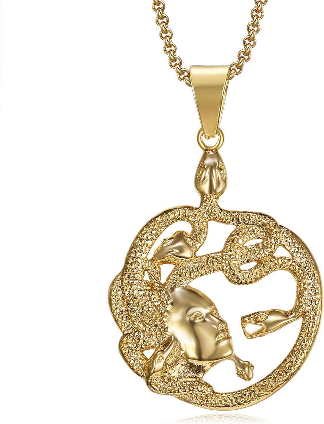 18K Gold Plated Medusa Gorgon Snake Head Pendant Medallion Stainless Steel Necklace for Women, Ancient Greek Jewelry Gift with 20 Inch Chain