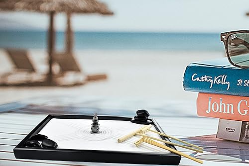 Miniatura 8 de Artcome Jardín de arena zen japonés para escritorio con rastrillo, soporte, rocas y mini artículos de mobiliario - Accesorios de mesa de oficina,
