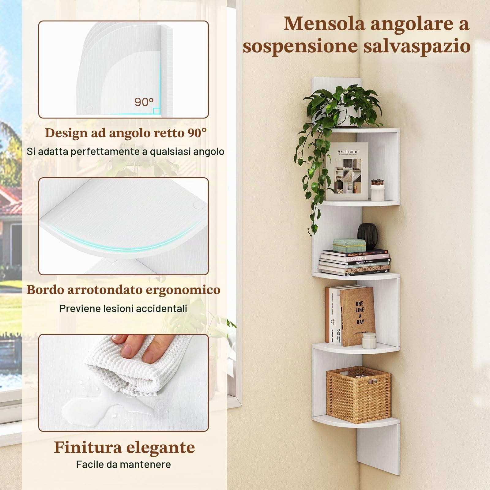 HOMASIS Libreria Angolare da Parete con 5 Ripiani, Scaffale ad Angolo in Legno, Libreria Sospesa Salvaspazio e Aperto per Decorazioni da Soggiorno, Ufficio e Bagno, 20 x 20 x 126 cm (Bianco)