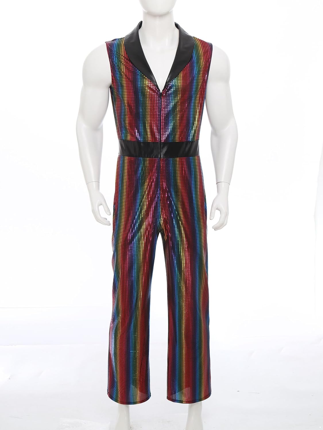 TiaoBug Mens Retro Disco Jumpsuit Lapel V Neck Sleeveless Wide Leg Bodysuit Metallic Shiny Plaid Romper Rainbow 3X-Large