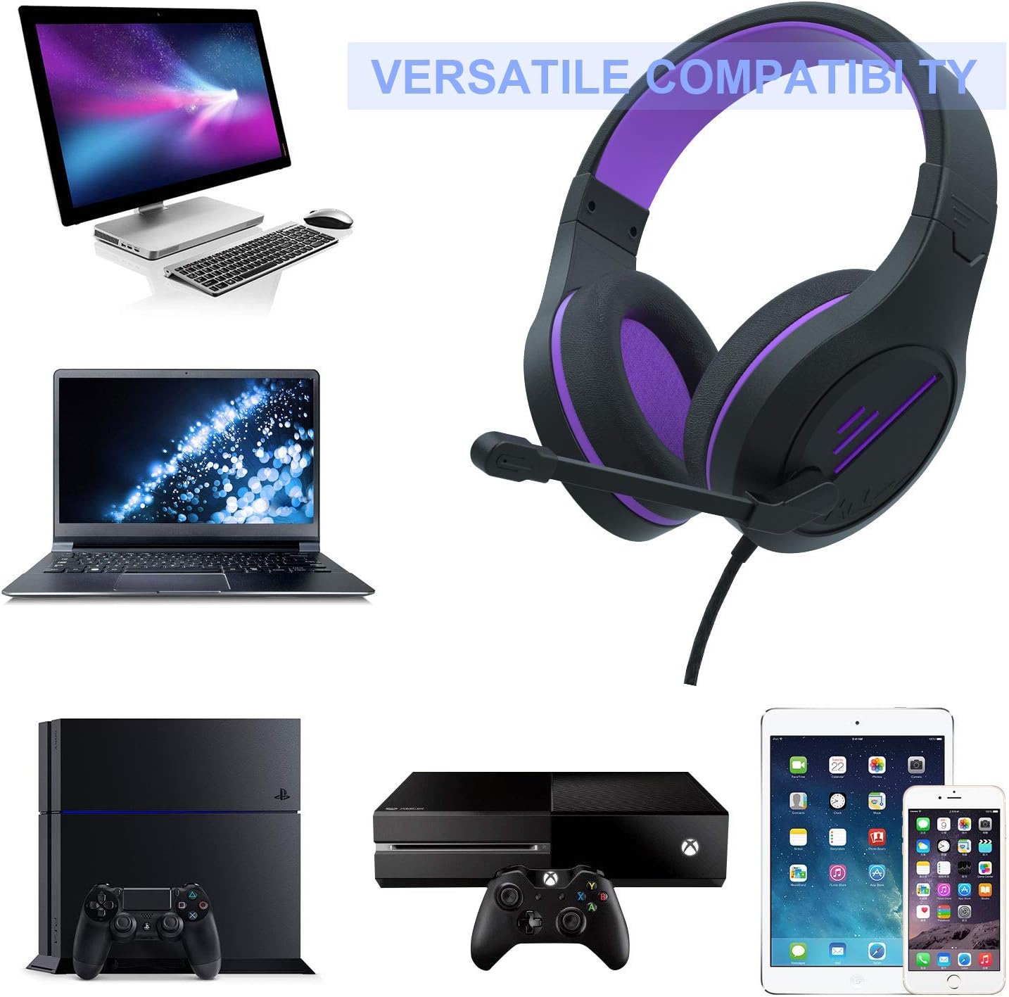 PS4 Gaming Headset Headphone MH601 Over Ear Setero PC Gaming Headset with Microphone,Noise Canceling 3.5mm Jack for PS4 New Xbox One/Mac/PC/Computer(Black Purple) (Renewed)