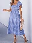 CUPSHE Women's Square Neck Striped Smocked Dress Ruffled Cap Sleeves Dress A Line Maxi Dress