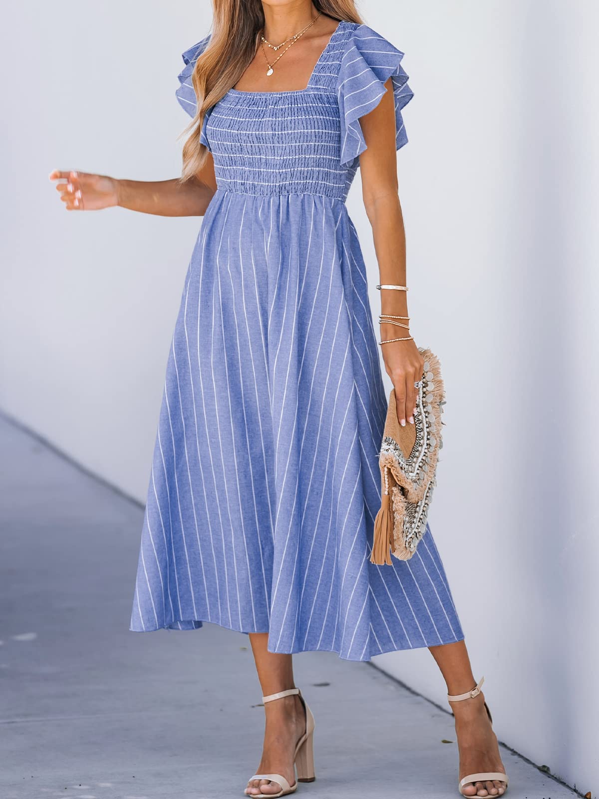CUPSHE Abito estivo da donna con scollo quadrato a righe e punto smock, con maniche ad aletta, maxi abito formale