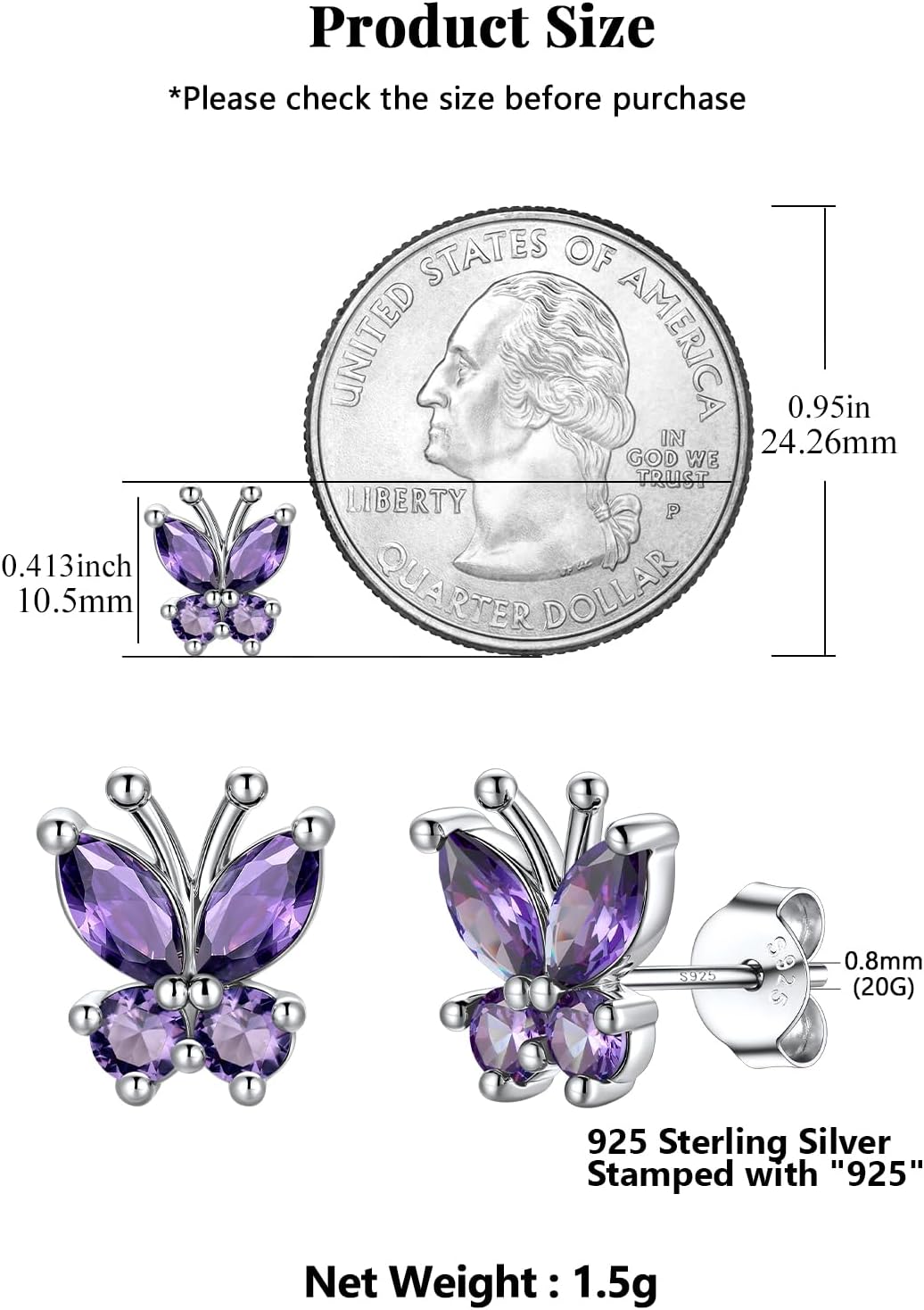Silvora Birthstone Earrings for Women, 925 Sterling Silver Butterfly Stud, Small Butterfly Earrings Birthstone Jewelry - Image 4