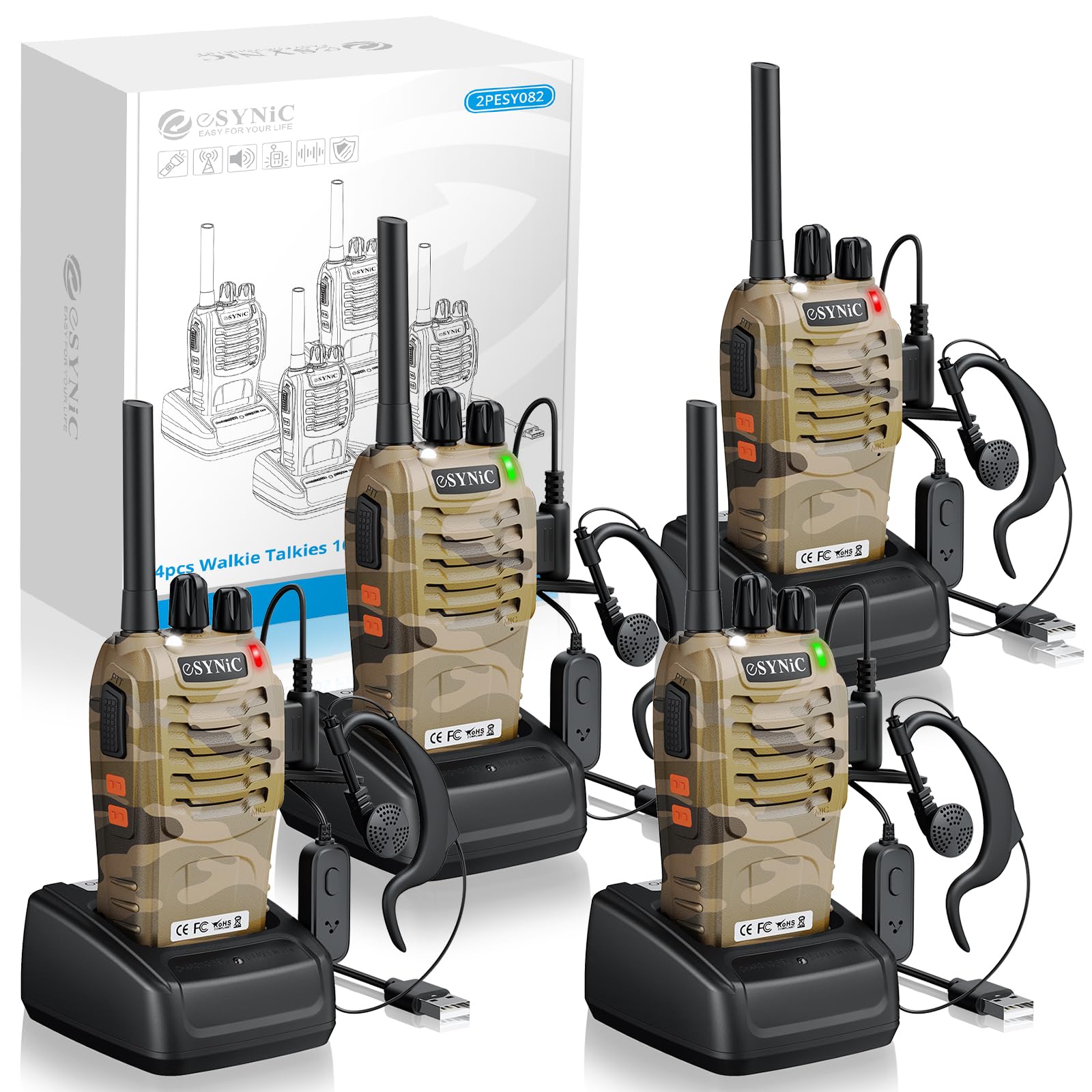 eSynic 4PZ Walkie Talkie Ricaricabile VOX, PMR446MHz Frequenza Civile, Radio Ricetrasmittente Portatile 16 Canali Singola Banda con Auricolari Originali per Sopravvivenza Outdoor - Giallo Mimetico