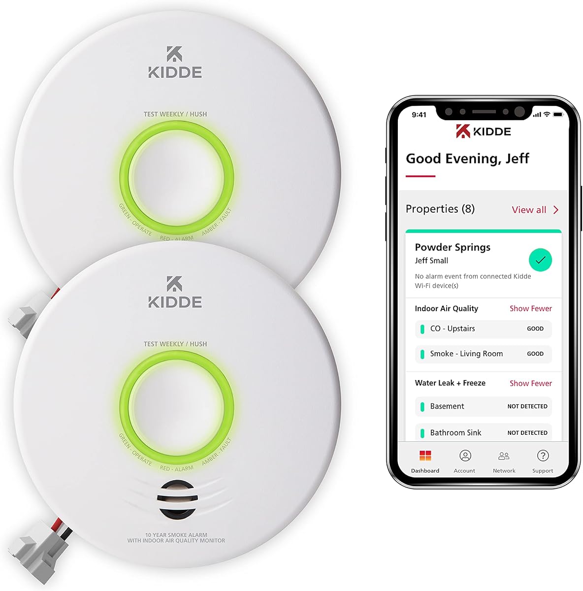 Smart Smoke Detector & Indoor Air, Quality Monitor, WiFi, Alexa Compatible Device, Hardwired w/Battery Backup, Voice & App Alerts, 2 Pack