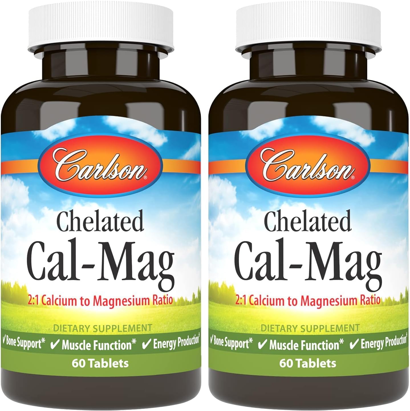 Carlson - Chelated Cal-Mag, 2:1 Calcium to Magnesium Ratio, Bone Support, Muscle Function & Energy Production, 60 Tablets (Pack of 2)