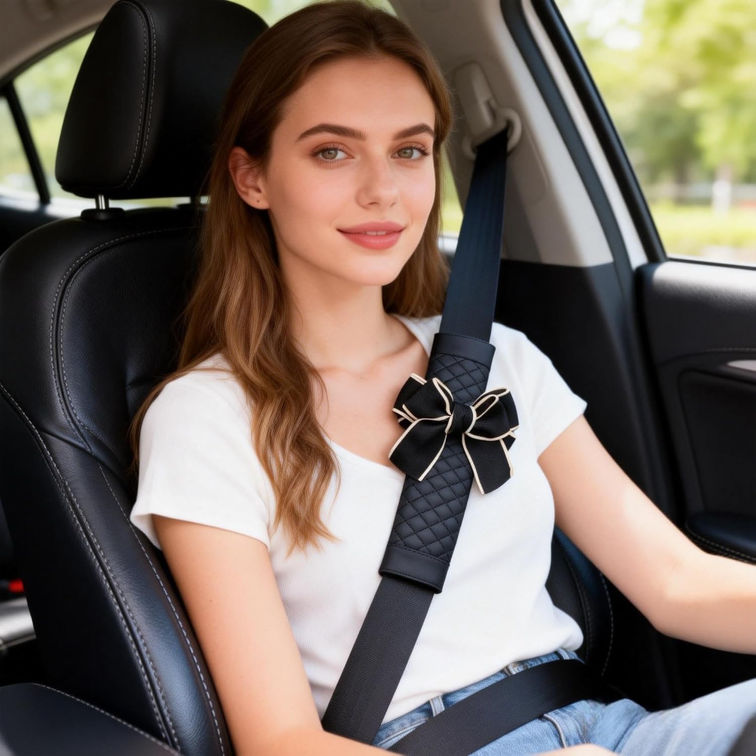 Cute Bow Leather Car Seat Belt Cover Pads,2 Pcs & 4 Pcs Seat Belt Cover for Shoulder, Seatbelt Cushion, Car Seat Strap Pads, Seatbelt Covers for Women (Black,2)