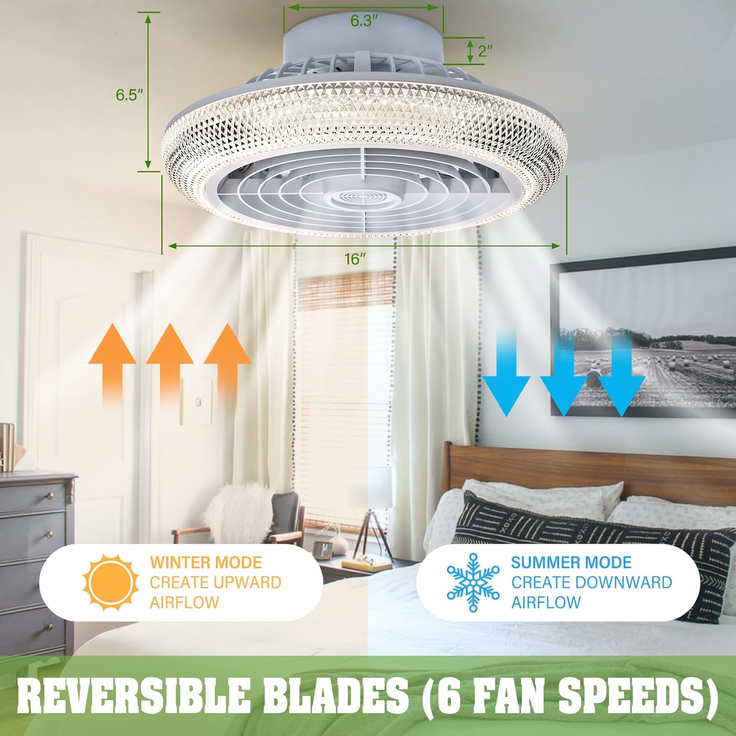 Ceiling fan dimensions and airflow modes