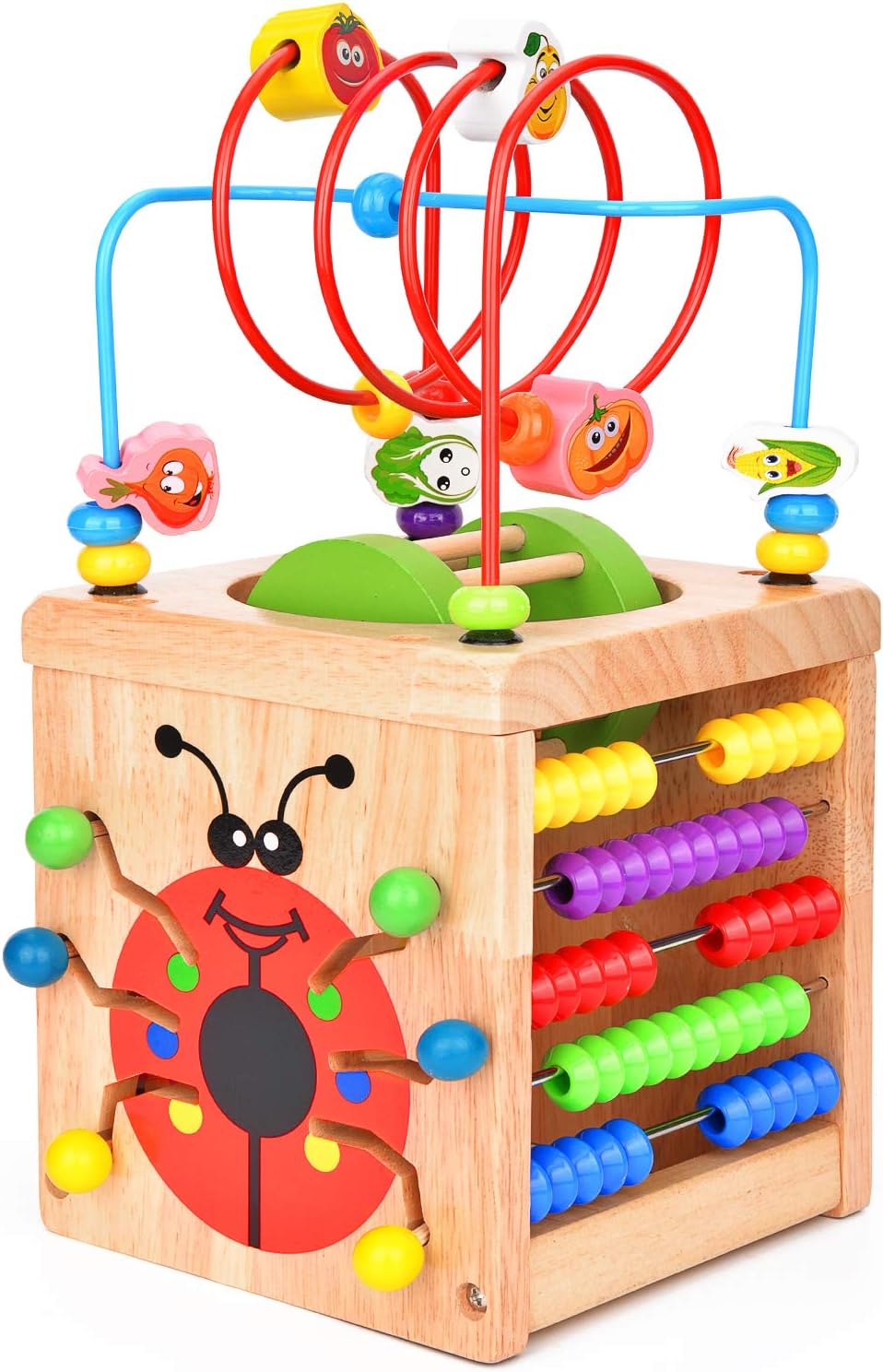 Victostar 6 in 1 Wooden Activity Cube Bead Maze Multipurpose Educational Toy Wood Shape Color Sorter for Kids