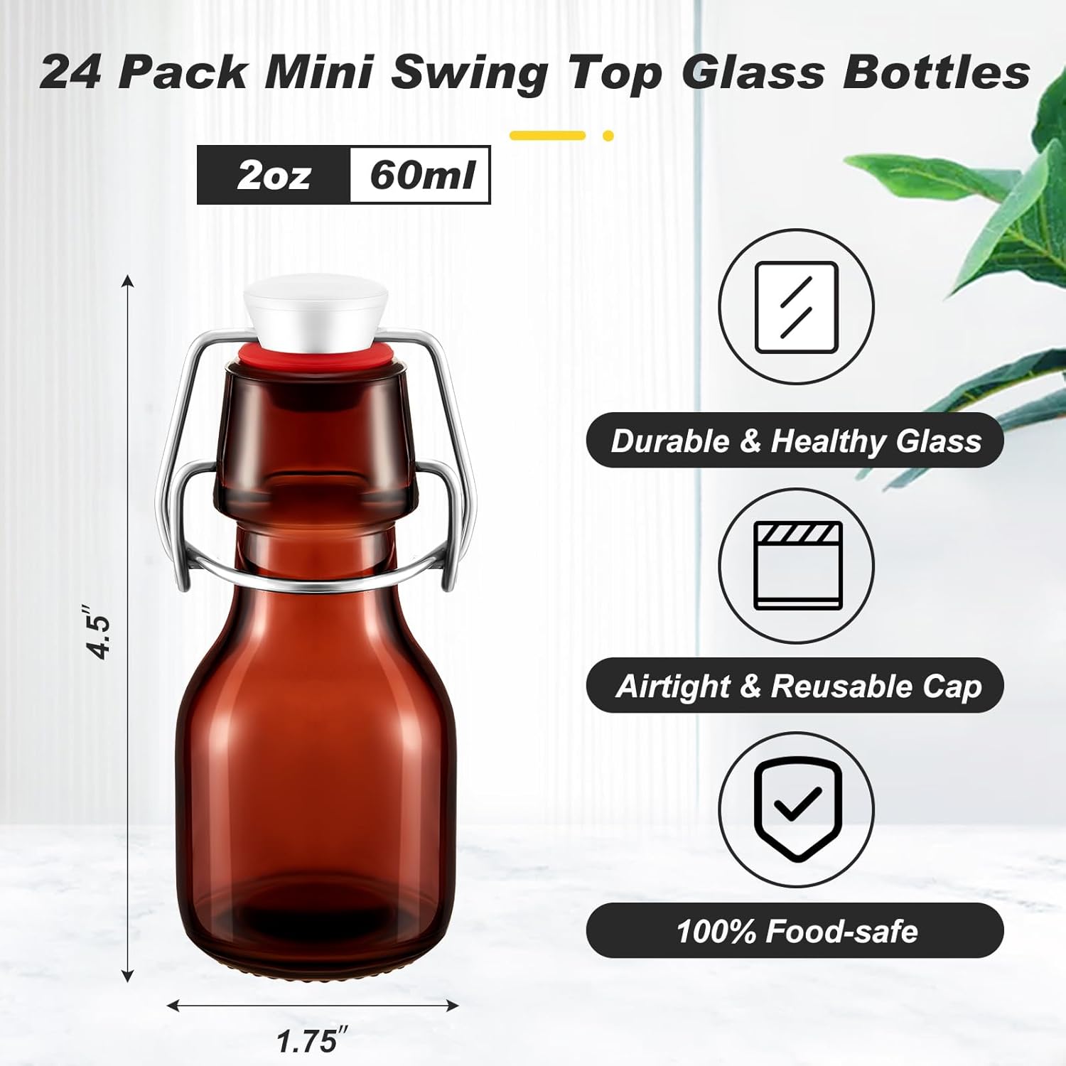Tessco 24 Pcs Mini Swing Top Glass Bottles with Stoppers Small Flip Top Bottles with Airtight Lids for Crafts Decoration Wedding Themed Party Favors(2 oz,Amber)