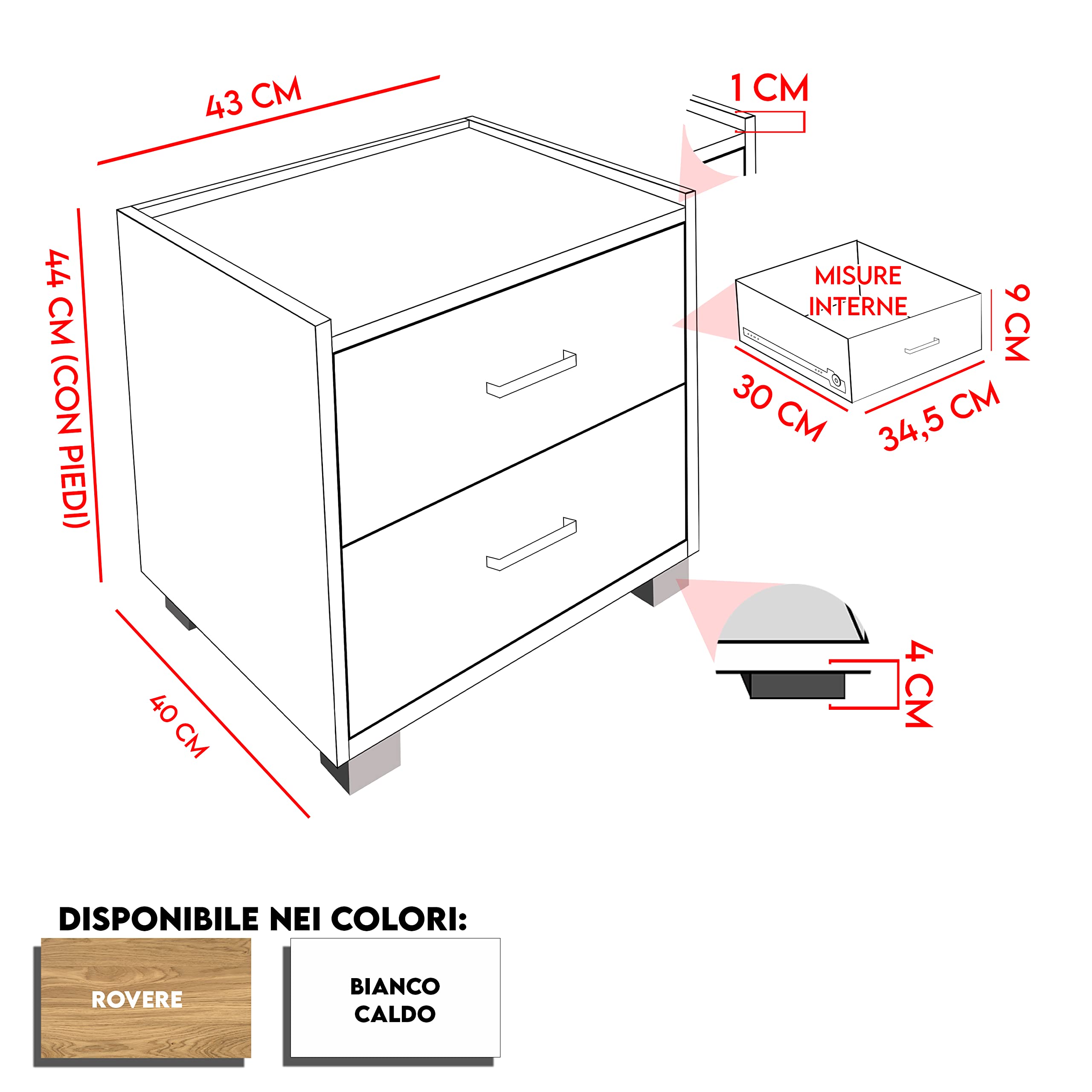 MAKA Comodino Camera da Letto Moderni con 2 Cassetti Ripiano Tavolino con Barre Portaoggetti Evita la Caduta Mobiletto in Legno Melaminico con Piedi Antiscivolo da Notte 43 x 40 x 44 cm (Rovere)
