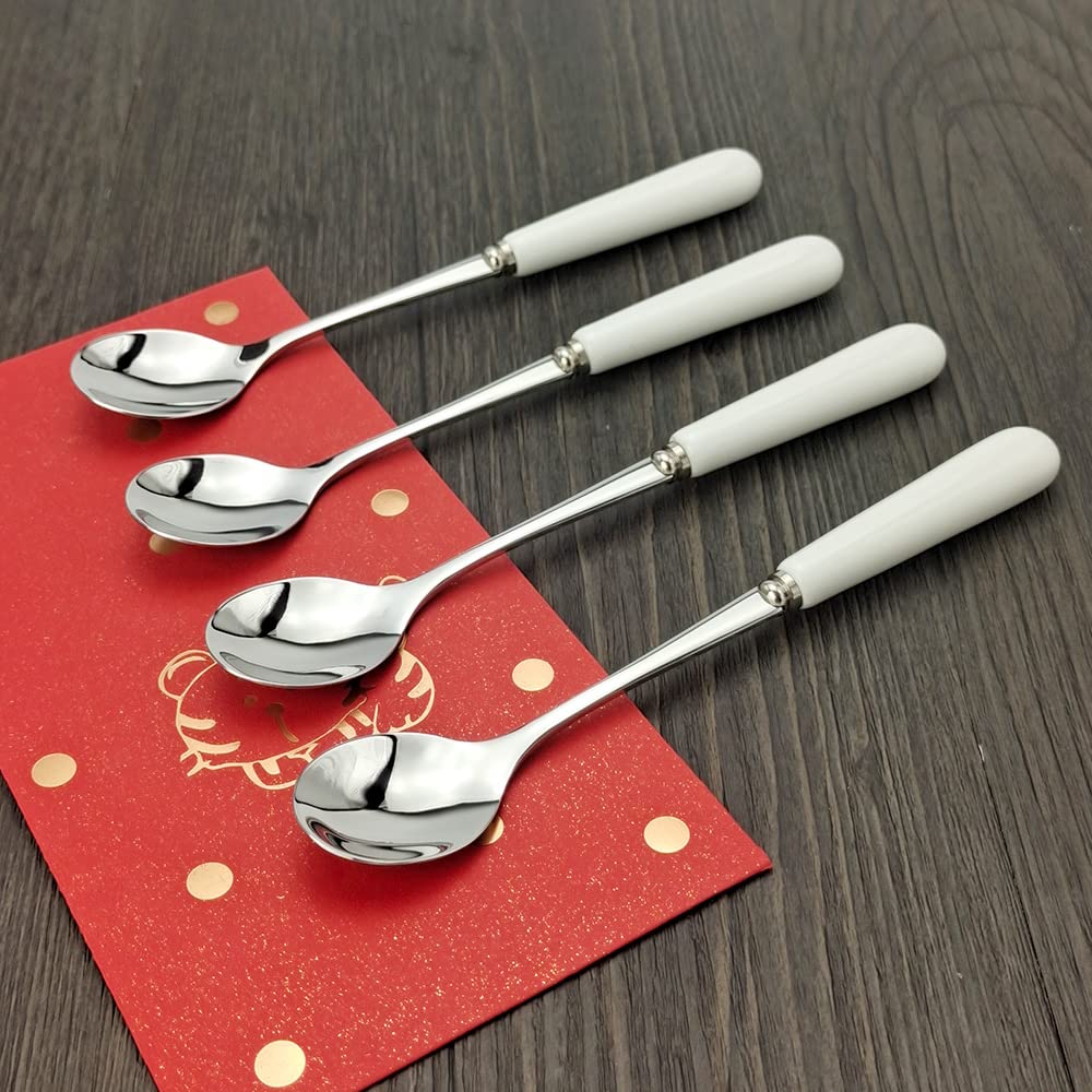 Coffee spoon 18/10 Stainless Steel 8 Packs (Creative Handle material Ceramics) Teaspoon Sugar spoon (Set of 8) SUS304 5.9inch Mixing Spoon, White (304CS14-5)