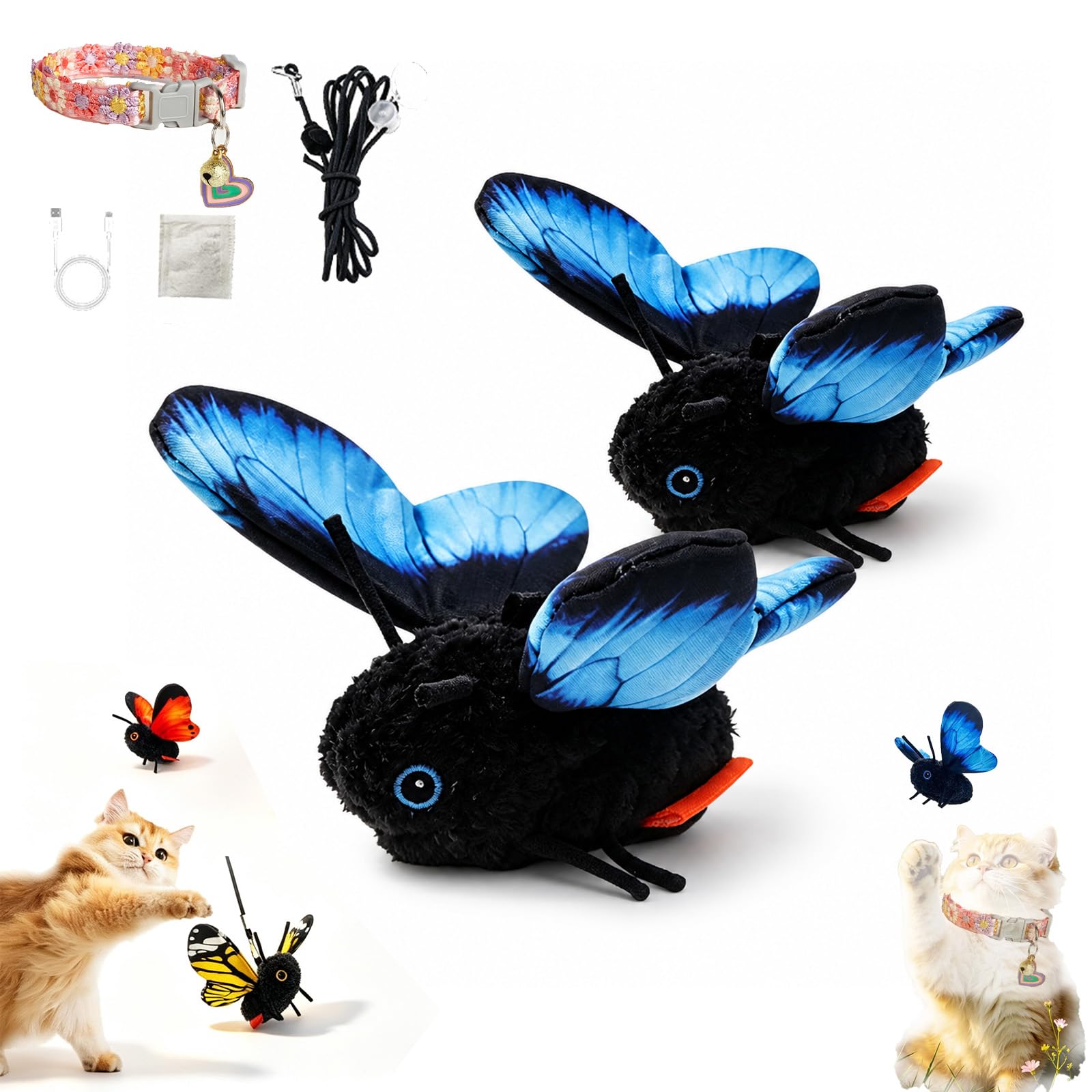 Juguete Interactivo de Mariposa para Gatos con Alas Batientes Realistas, Insecto Móvil para Gatos de Interior, Juego Automático para Ejercicio e Instinto de Caza (Blue,2PCS)