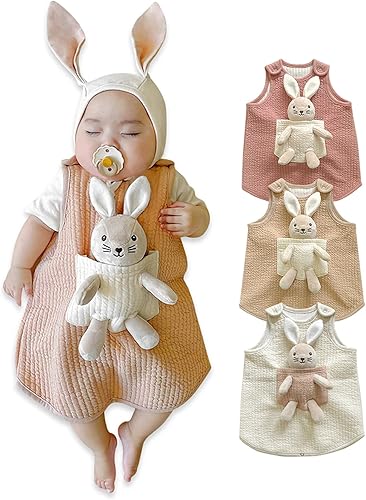 Saco de dormir para bebé recién nacido con bolsillo + sonajero de peluche de conejo (Tory) para bebé unisex, Beige