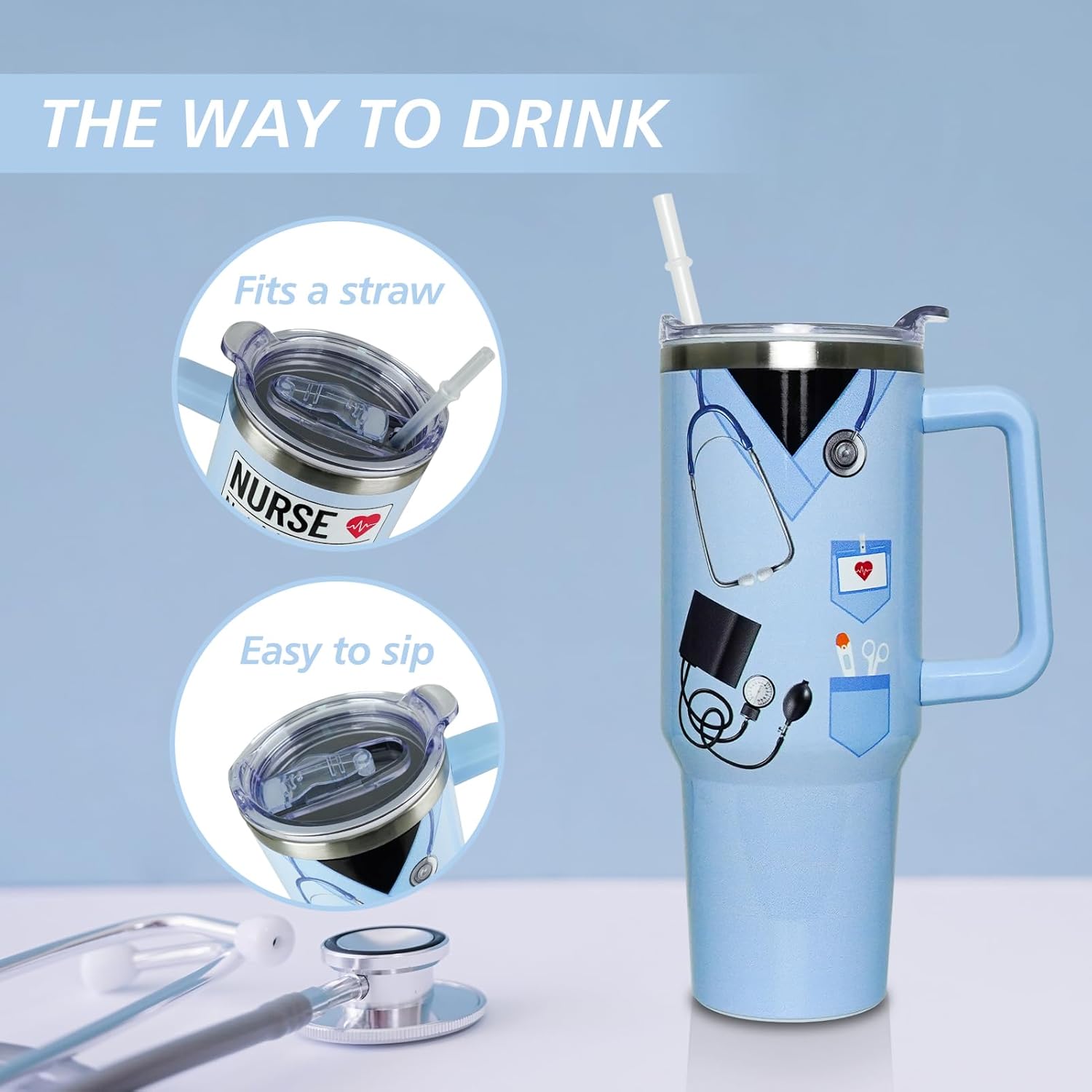 Nurse Cup Gifts for Women Men, 40 Oz Tumbler with Handle and Straw, Nursing Practitioner Appreciation Graduation Nurse Week Blue Insulated Stainless Steel Water Bottle 1PC - Image 9