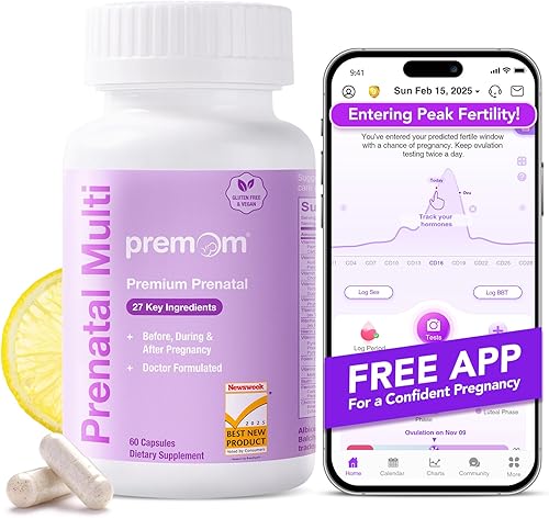 Premom Vitaminas prenatales para mujeres, multivitamínico concepción para ella 27 nutrientes, incluye 680 mcg de folato de metilo + colina + hierro,