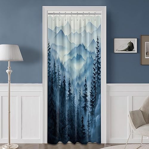 Miniatura 17 de Cortina de ducha azul marino de bosque Cortina de ducha azul oscuro de montaña y naturaleza para decoración de baño de hombres, tela impermeable con