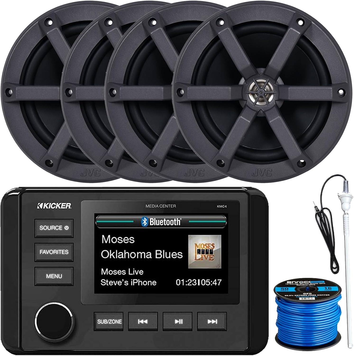 Kicker 51KMC4 3" LCD Marine Bluetooth Weather-Resistant Gauge-Style AM/FM WB/USB/AUX Media Center Receiver, 4X 6.5 100W Max Power 2-Way Boat Speakers, Radio Antenna, 50 Feet 16 Gauge Speaker Wire