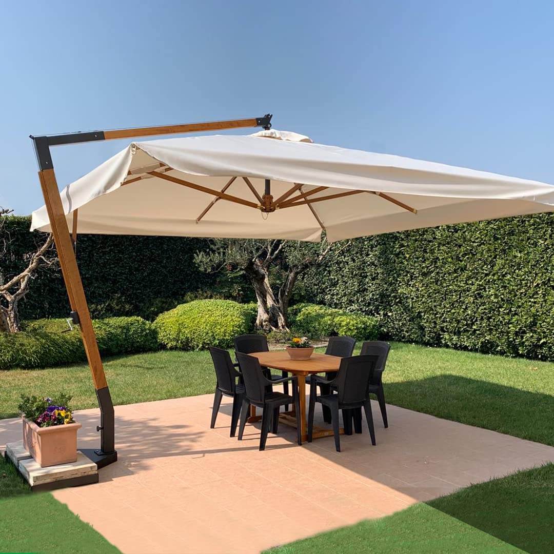 Danieli - Ombrellone da Giardino Decentrato in Legno 4x4mt - Telo Quadrato Ecru Idrorepellente con Balza - Ombrellone con Camino Antivento
