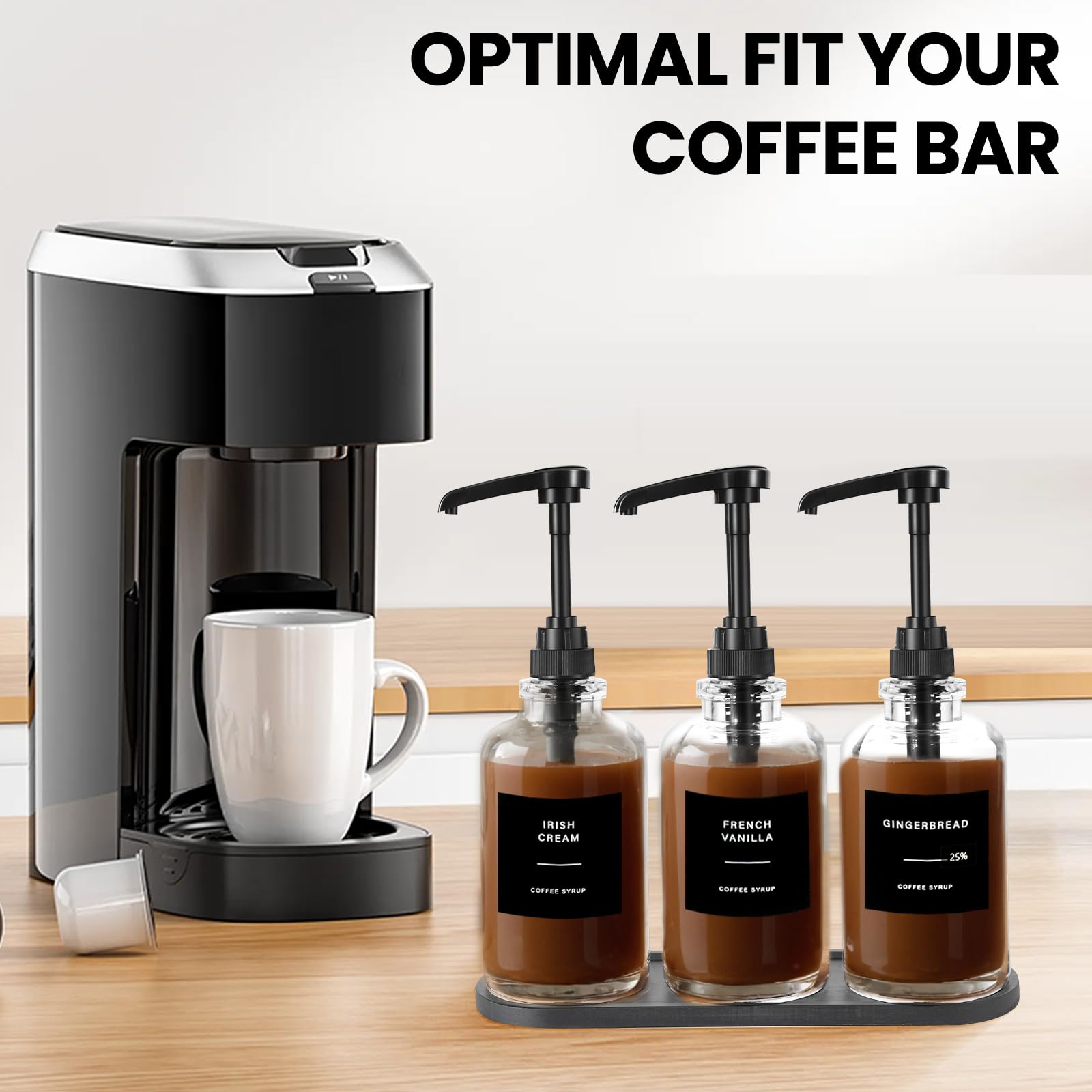 Sunal Kaffeesirupspender mit Tablett, Set mit 3 Glas-Sirupspendern mit 0,6 l großer Pumpe, wasserdichten Etiketten und Trichter, 500 ml Sirup-Pumpflasche für Kaffeebar und Küche (schwarz)
