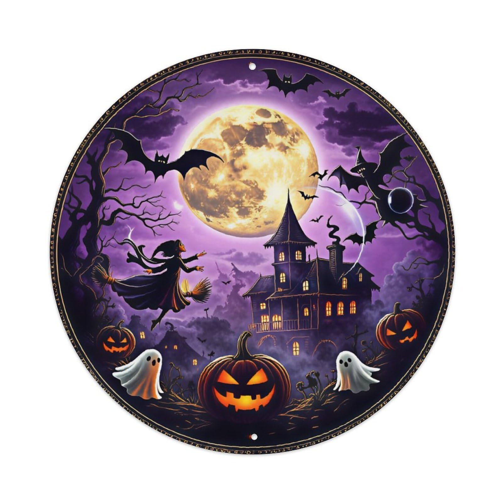 Ldfuieksufg Style Round Halloween Witch Pumpkin Ghost Haunted House Metal Wall Sign Vintage Aluminium Metal Sign, Retro Wall Decor For Home, Bar, Garage & Farmhouse 20X20cm