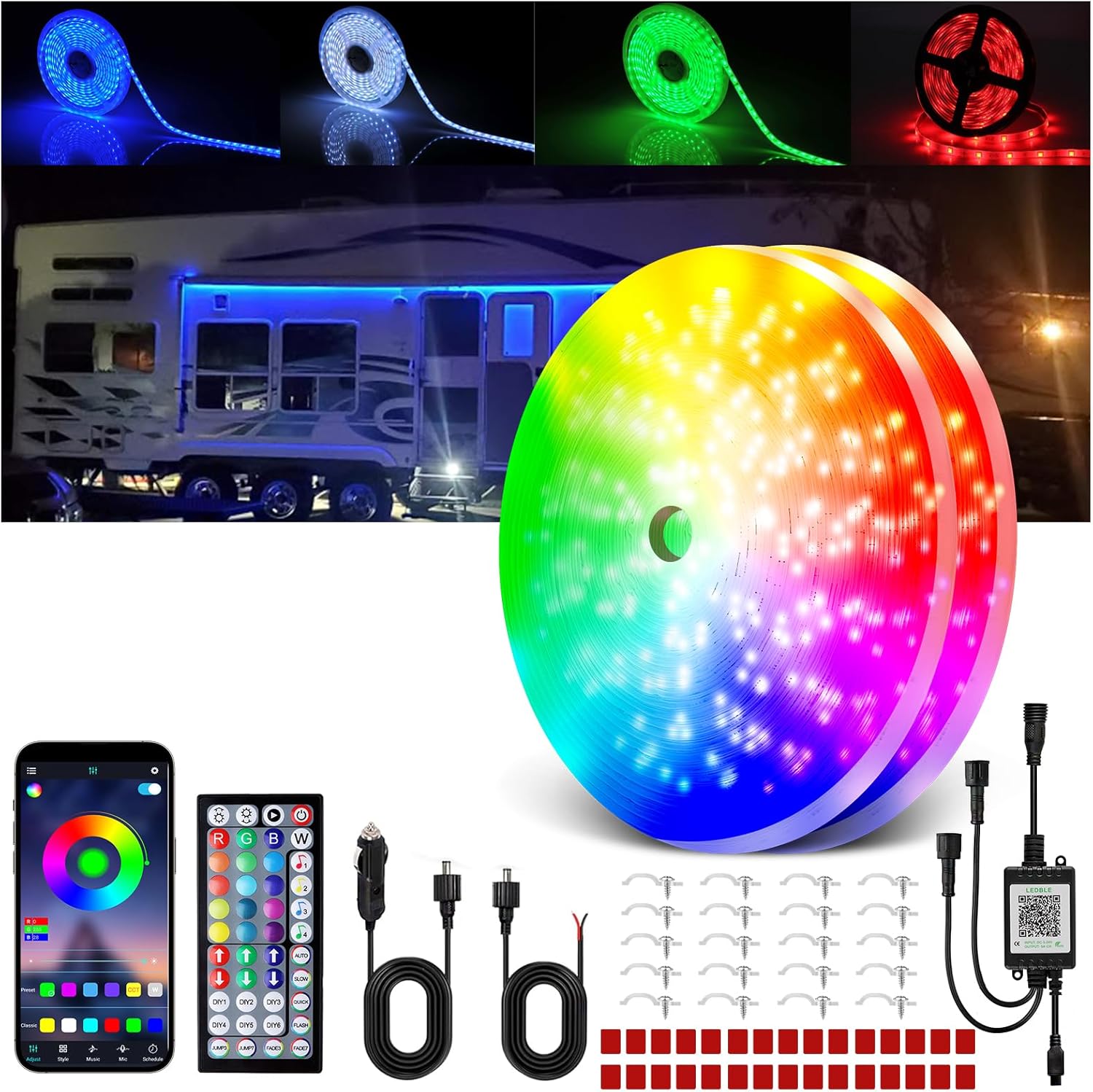 RV Awning Lights, 12V 100FT (2 Rolls of 50ft) RGB RV Camping Awning Lights, IP68 Waterproof LED Lights,RV Exterior Strip Lights for Motorhome Travel Trailer Canopy Party, Stands Food Trucks RV Awning Lights, 12V 100FT (2 Rolls of 50ft) RGB RV Camping Awning Lights, IP68 Waterproof LED Lights,RV Exterior Strip Lights for Motorhome Travel Trailer Canopy Party, Stands Food Trucks