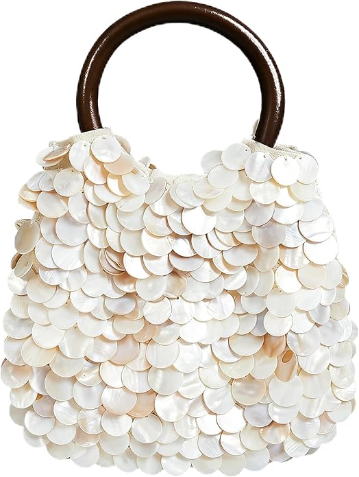 Miuco Shell Clutch Handbag Handmade Natural Seashell Purse with Wooden Handle Shell Beaded Bag for Women Beach Party Vacation