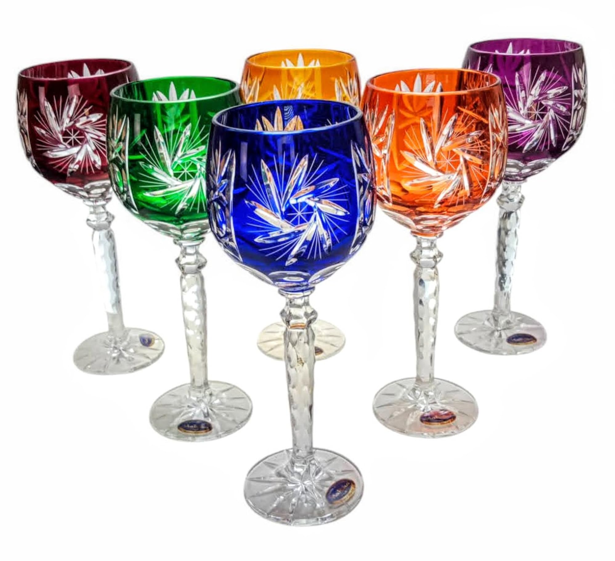 MaRika Lot de 6 verres à vin en cristal, 280 ml, multicolores, faits à la main, parfaits pour le vin rouge et le vin blanc, idée cadeau