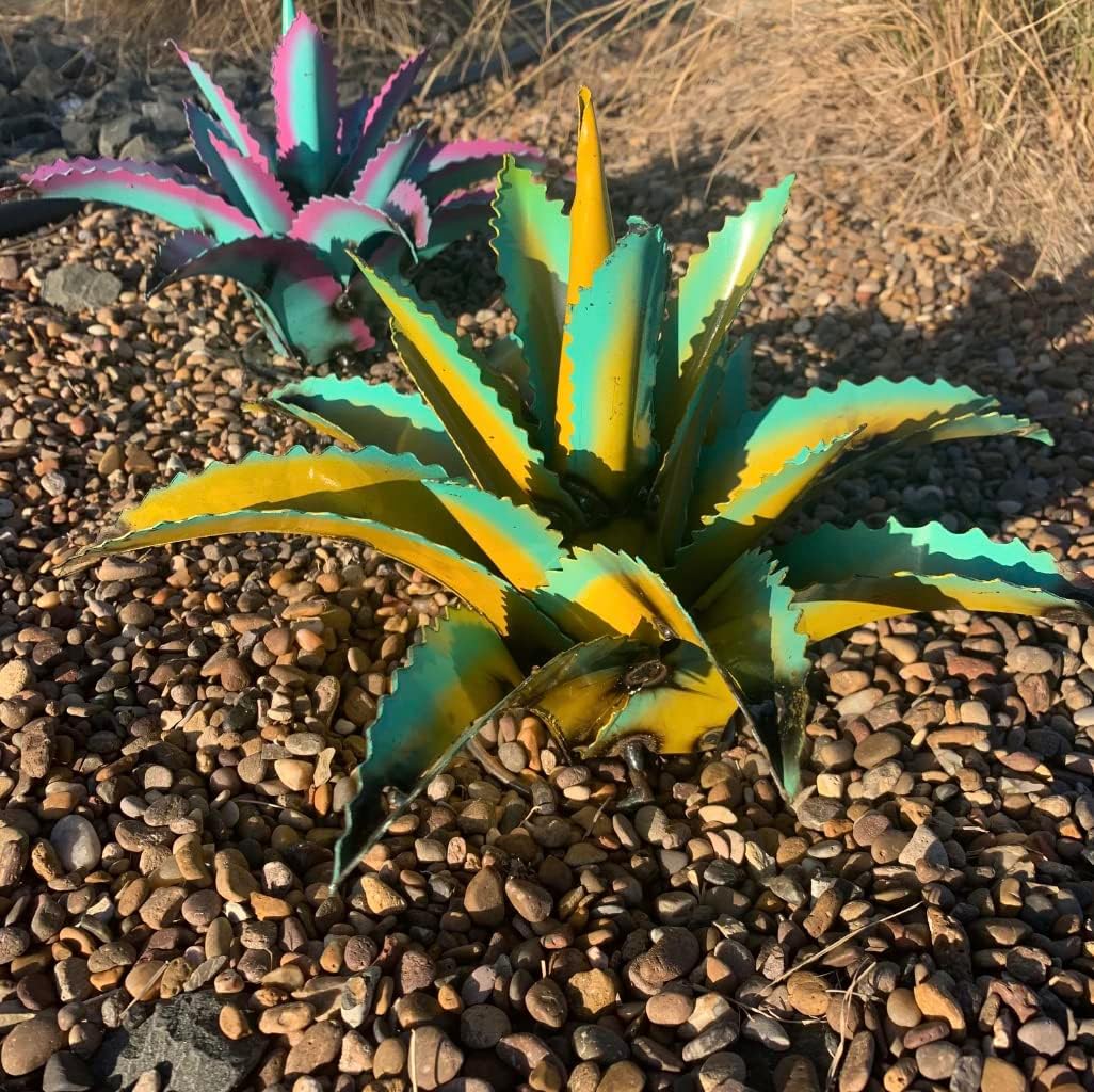 Decorative Rustic 13" Rainbow Metal Agave - Garden Art (Yellow/Turquoise)