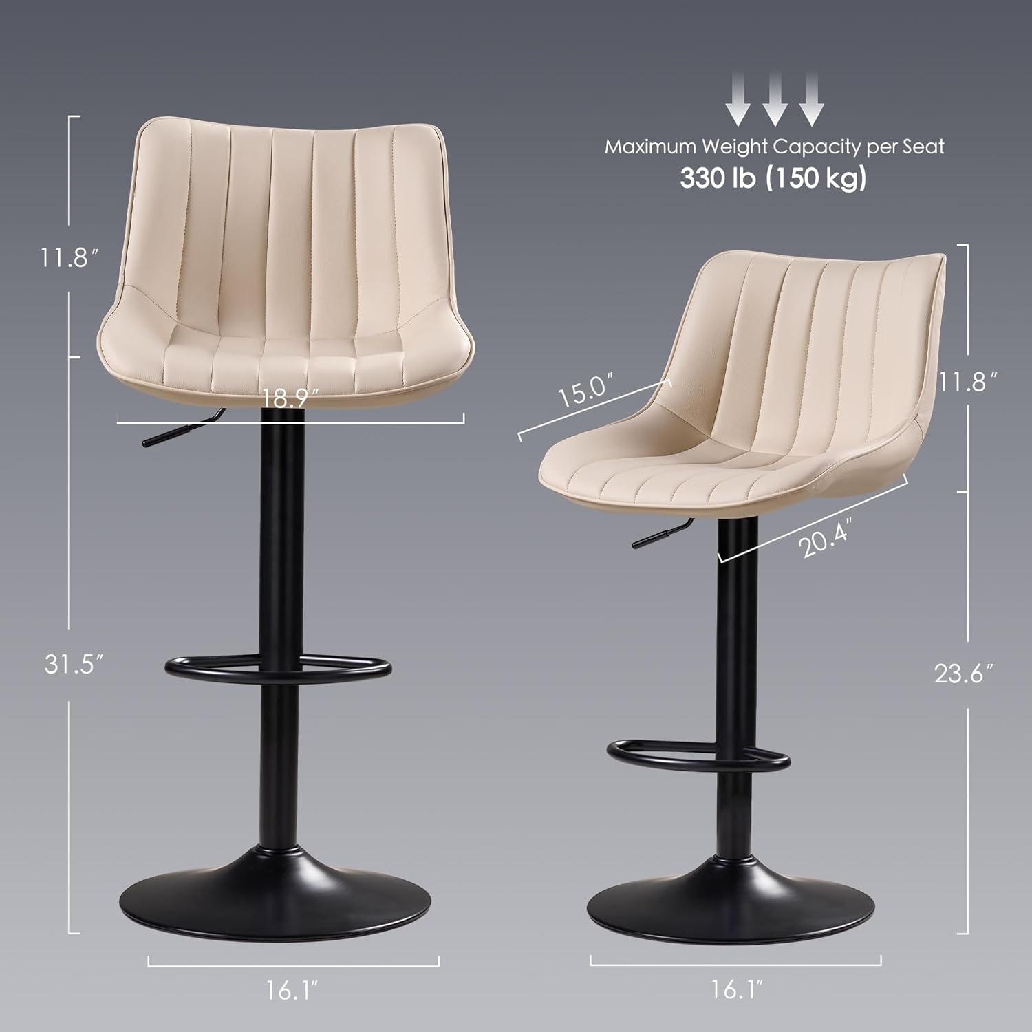 Bar Stools Set of 2, Swivel Counter Height Bar Stools, Adjustable PU Leather Bar Chairs with Back and Footrest, Modern Armless Counter Stools, Island Chairs for Bar Kitchen, Ivory