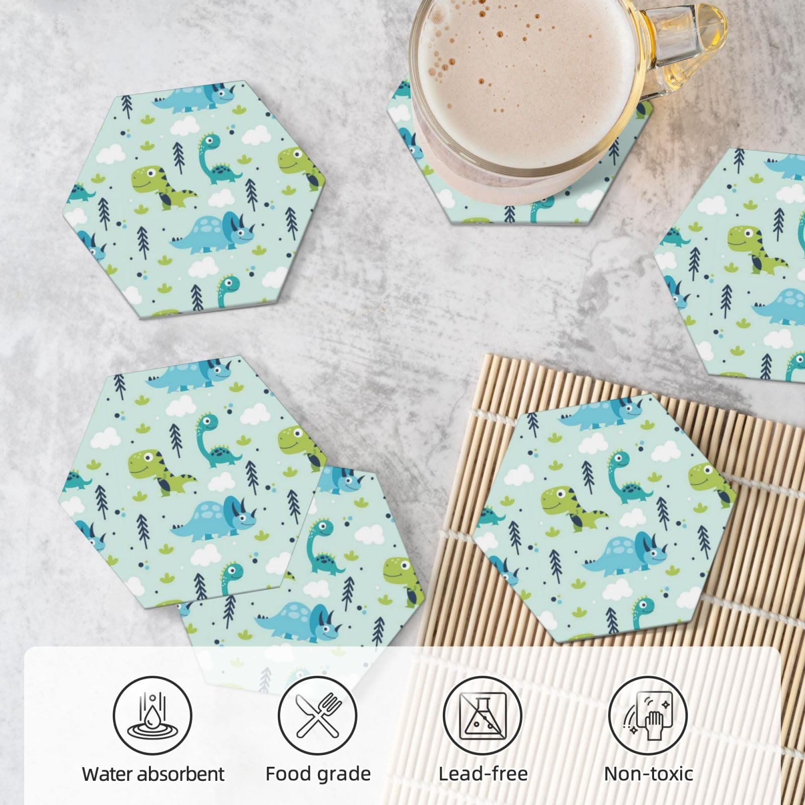 Set di 6 sottobicchieri decorativi in ceramica con motivo dinosauro stampato
