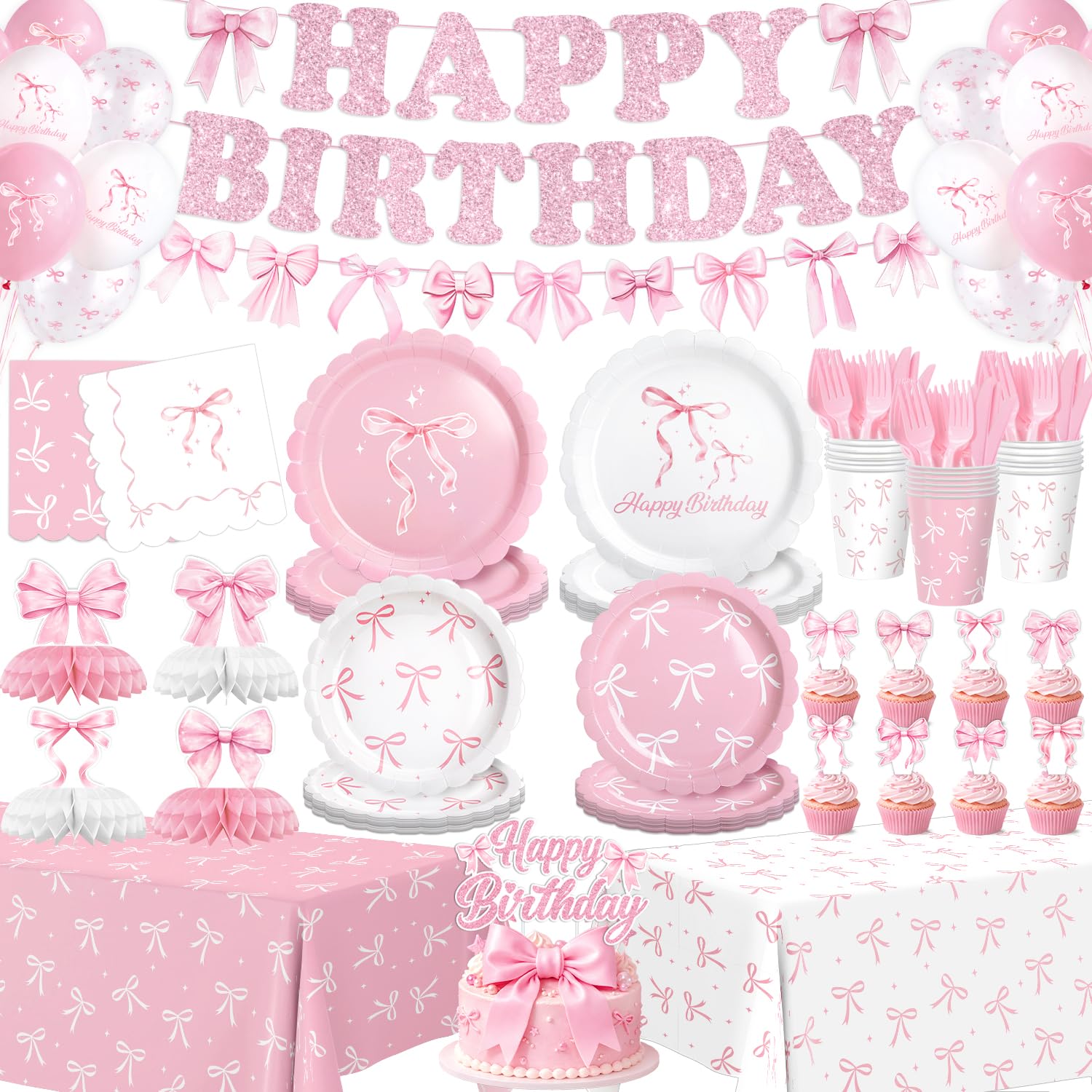 194 Pcs Pink Bow Birthday Decorations (Serves 24), Plates Napkins Cups Knifes Forks Hanging Swirls Cake &amp; Cupcake Toppers, Banner Tablecloth Balloons Centerpieces for Girls Bachelorette Party Decor